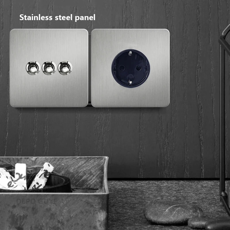 Retro EU France Socket Stainless Steel Brushed Double Power Outlet Toggle Metal Lever 1-4 Gang 2Way Wall Light Switch Panel RJ45