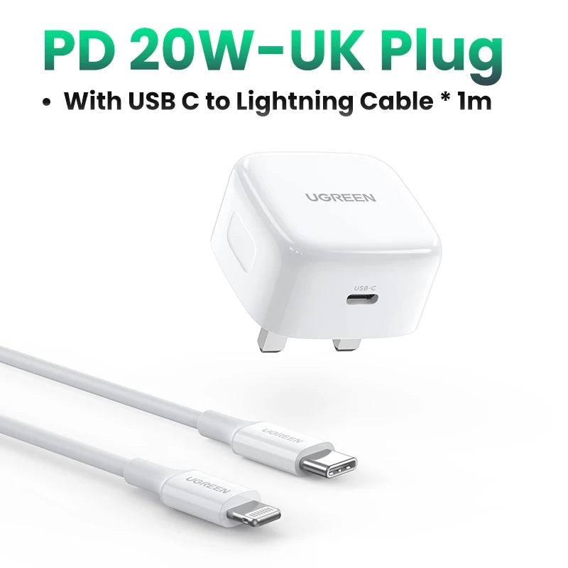 【UK Plug】UGREEN Quick Charge 4.0 3.0 QC PD Charger 20W USB Type C Fast Charger for iPhone 15 14 13 Pro Xiaomi Phone PD Charger