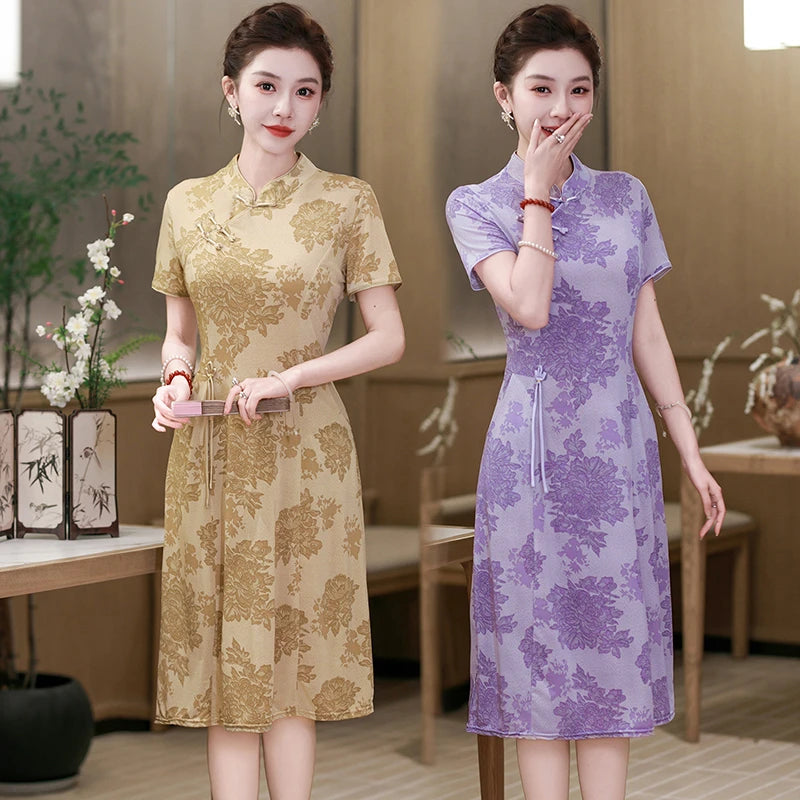 រ៉ូប Cheongsam រដូវក្តៅ កអាវផ្កាបាក់ សម្លៀកបំពាក់នារី រ៉ូបចង្កេះរាងអក្សរ A បែបចិនបុរាណ