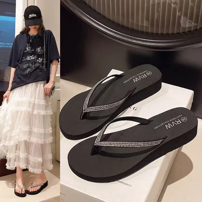 Fashionable Rhinestone Flip-Flops for Women, with Thick Soles and a Wedge Heel, Suitable for Outdoor Wear in Summer. They Are an