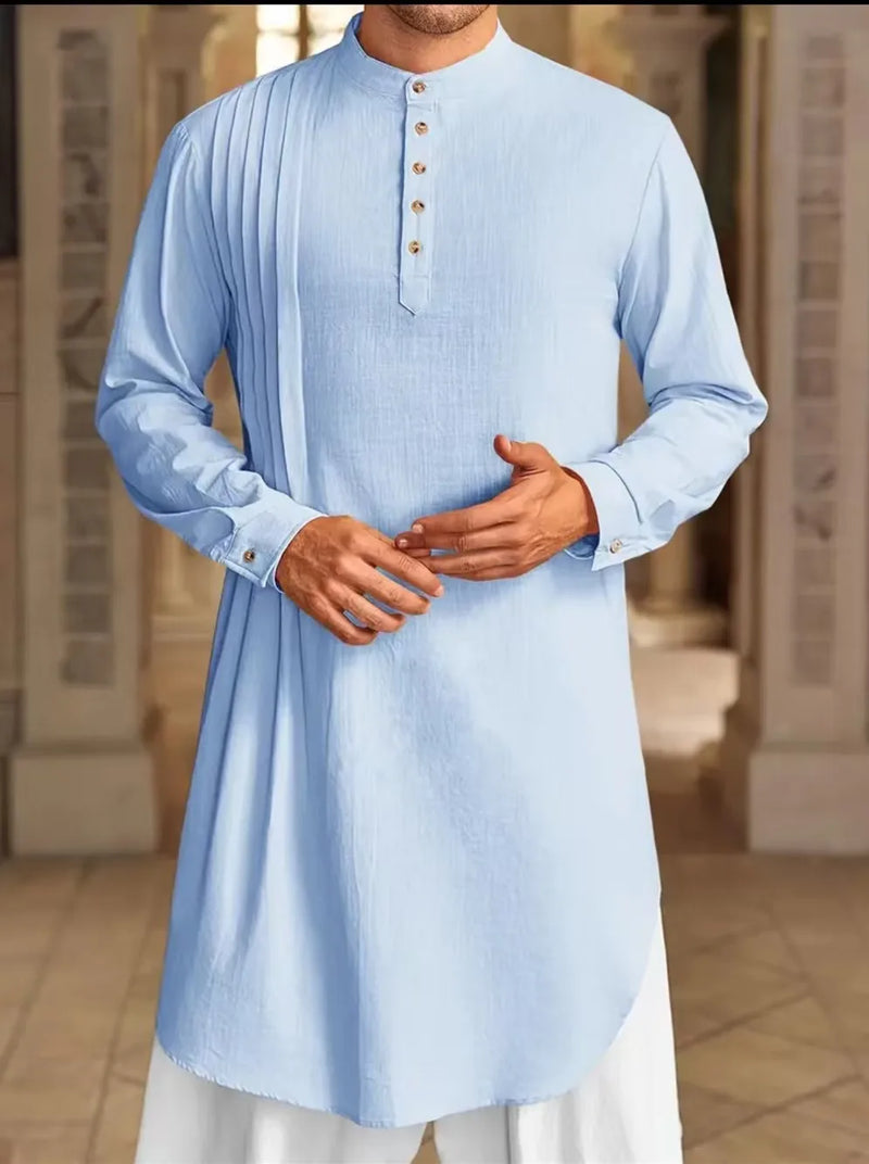 2026 Summer New Style Men's Long Cotton Shirt, Middle Eastern Arab Muslim Robe, Available in White, Black, Blue and Green.