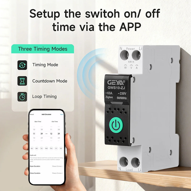 ឧបករណ៍បំបែកសៀគ្វីឆ្លាតវៃ GEYA WiFi/ZigBee MCB ជាមួយនឹងរនាំង DIN 63A សម្រាប់កុងតាក់បញ្ជាពីចម្ងាយឥតខ្សែសម្រាប់ផ្ទះឆ្លាតវៃ ដោយកម្មវិធី Tuya
