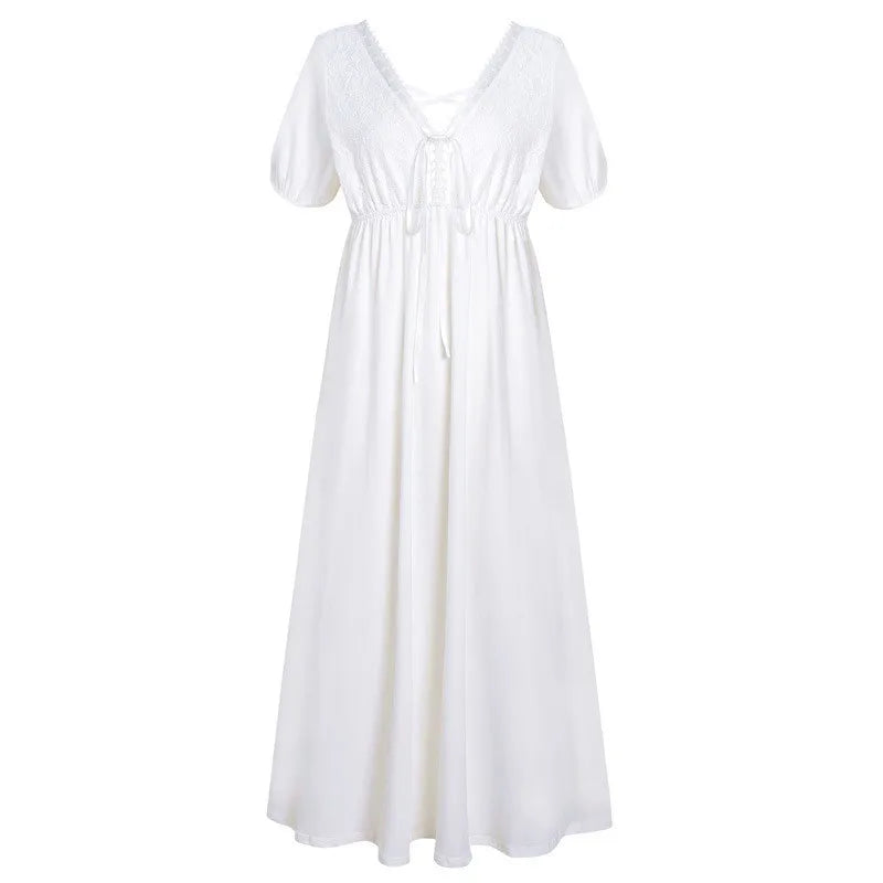Palace Style Short Sleeved Night Wear For Women Summer Nightdress Cotton Lace Princess V-Neck Nightgowns Loose Home Clothes