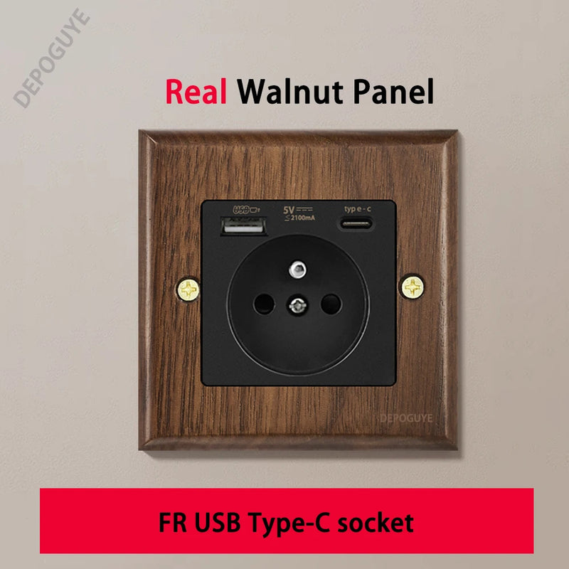 Black Retro Walnut Wall Toggle Switch Panel 1-4Gang 2Way Solid Wood Double EU/FR Socket Universal Usb C Electrical Power Outlet