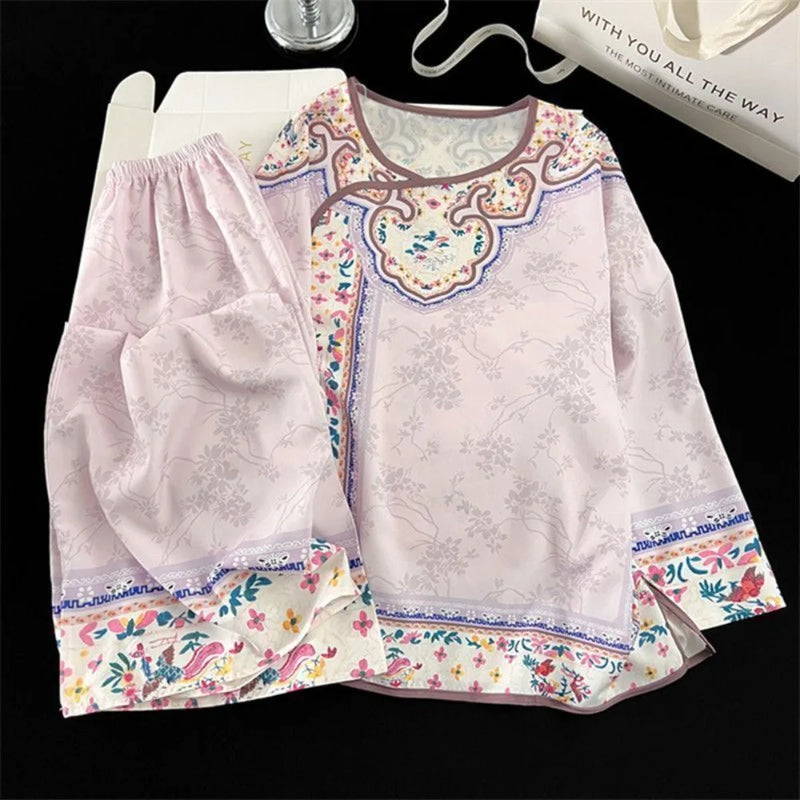 Ice Silk Women's Pajamas Set Sleepwear Spring Autumn Two-Piece Ladies Set Pijama Long Sleeve Home Suit for Women Night Clothes