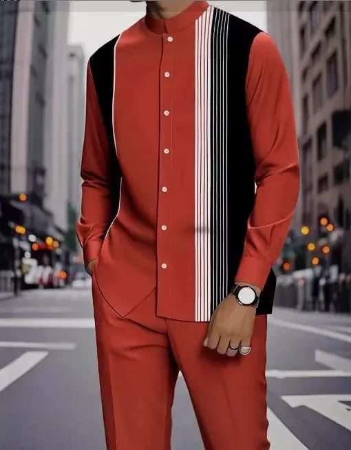 Men's Two-piece Set for Spring/Fall: An Ethnic-style Long-sleeve Shirt Paired with Pants, Red, Blue, Green, Gray, Black, Purple.