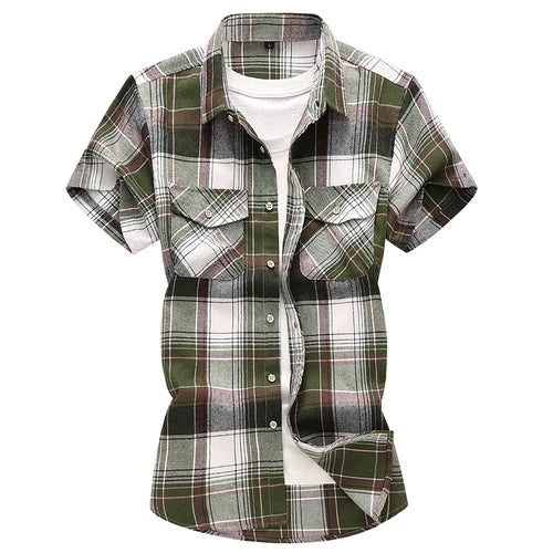 Men Red Striped Plaid Short-sleeved Shirt, Single-breasted Square Collar Cotton Shirts Summer Fashion Casual Camisa Men Chemise