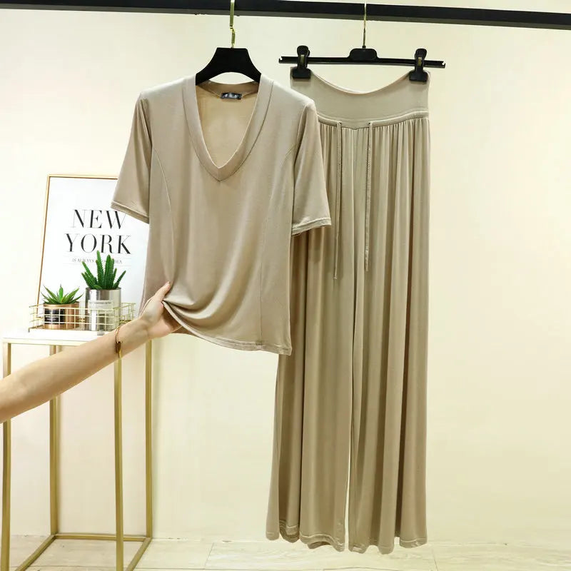 Soft Modal Sleepwear Women's Summer Pajamas Thin T Shirt Wide Leg Pants Set Loose Large Size Home Clothes  M-6XL Pijamas