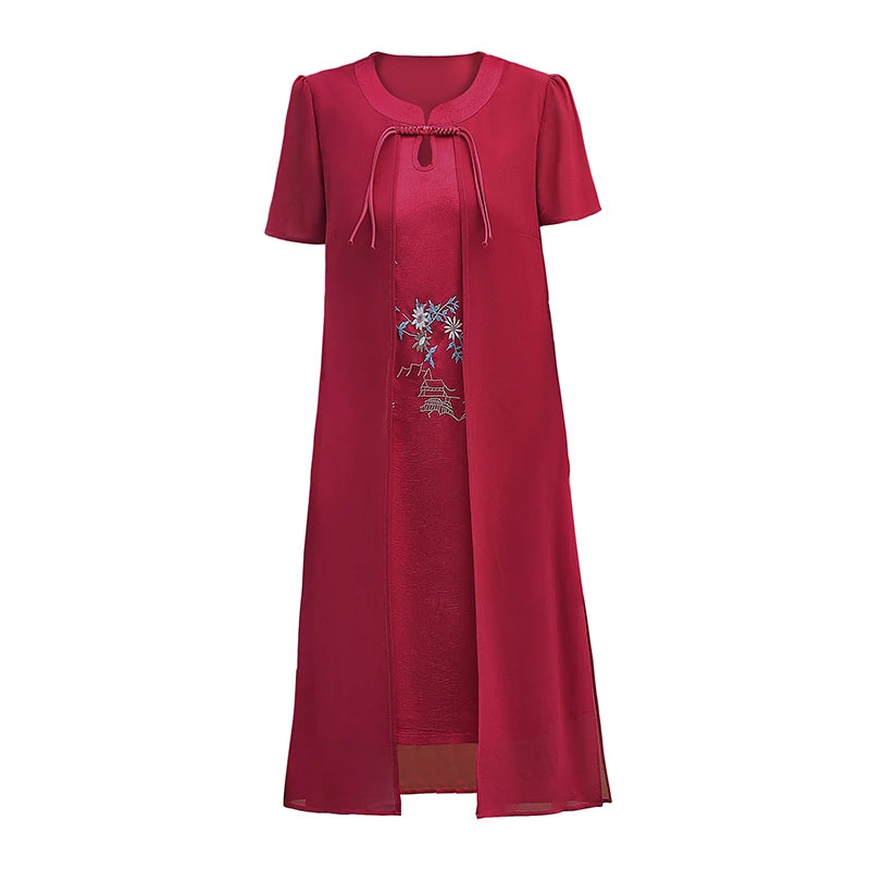 រ៉ូបប៉ាក់ chiffon ម៉ូដរដូវក្តៅសម្រាប់ស្ត្រីអាយុ ៤០ ឆ្នាំ និង ៥០ ឆ្នាំ រចនាប័ទ្មរដូវក្តៅ សំពត់ពោះថ្លៃថ្នូរបែប Retro