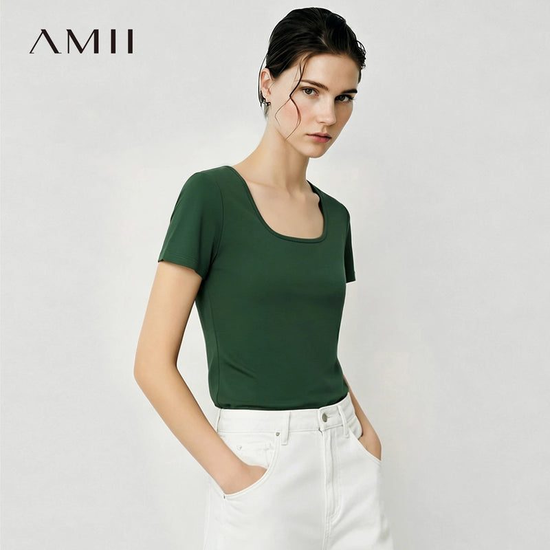 Amii Women's Tee Shirt 2026 Summer New Square Neck Short Sleeve Cotton Tee Basic Solid Breathable Casual Top For Women 12612044