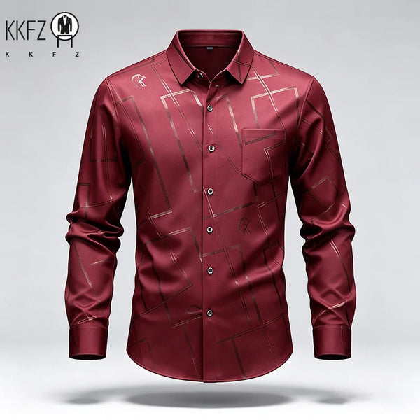 Mens Slim Long Sleeve Dress Shirt Soft Silky Fabric Classic Turn Collar Button Placket Daily Working Casual Outfit