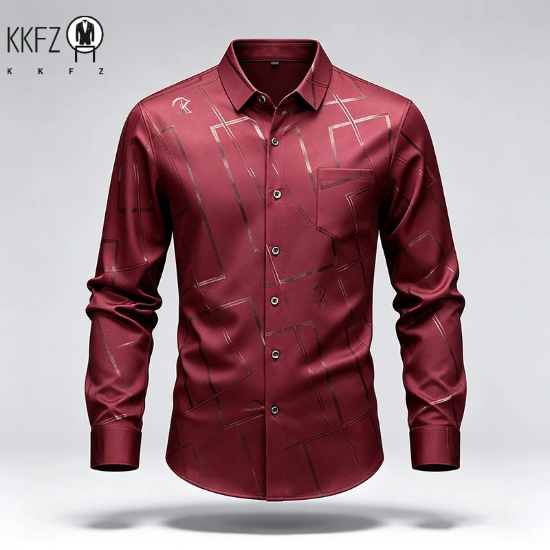 Mens Slim Long Sleeve Dress Shirt Soft Silky Fabric Classic Turn Collar Button Placket Daily Working Casual Outfit