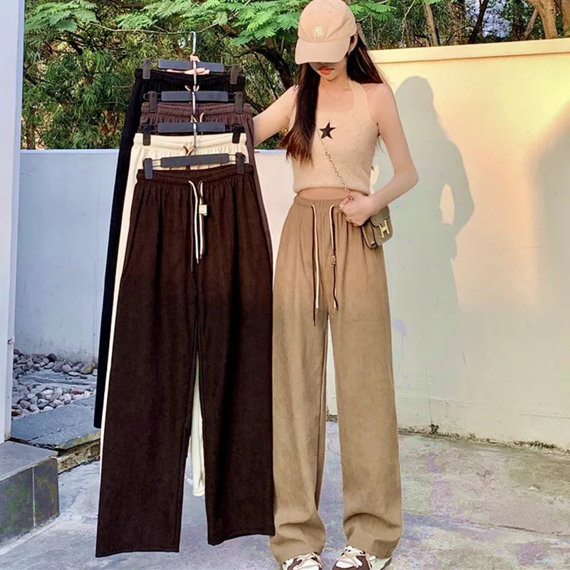 ខោជើងវែងចង្កេះខ្ពស់ Corduroy ខោជើងវែងរលុងសម្រាប់នារី ខោគេងយប់ម៉ូដ ខោស្លៀកក្រៅ ខោជើងវែង