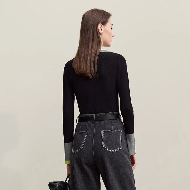 Amii Women's Autumn Commuter Sweater 2026 New Round Neck Contrasting Color Knitted Sweater Button Half-placket Slim Top 12621047