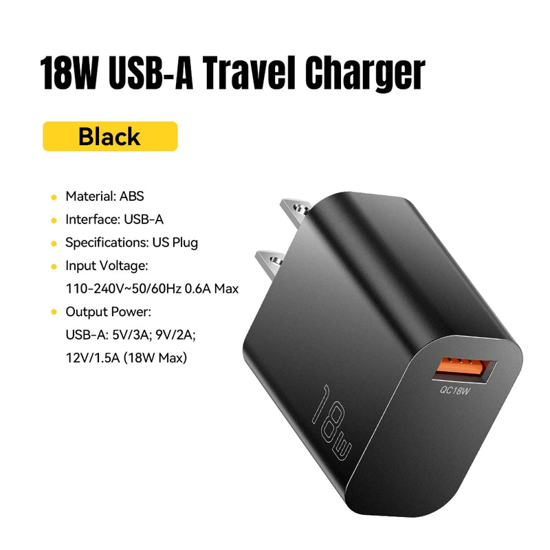 Essager 18W QC3.0 USB A Charger USB Quick Charge 3.0 Fast Wall Charger for Samsung S24 Huawei Xiaomi iPhone Mobile Phone Charger