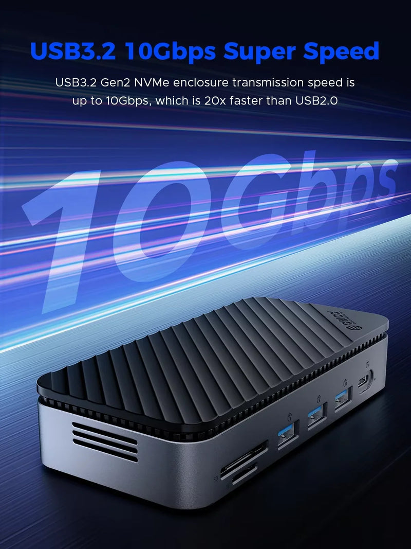 ORICO M2P11 USB C Display HUB with Cooling Fan M.2 NVMe SATA SSD Enclosure External 10Gbps HDMI-Com RJ45 SD/TF Docking Station