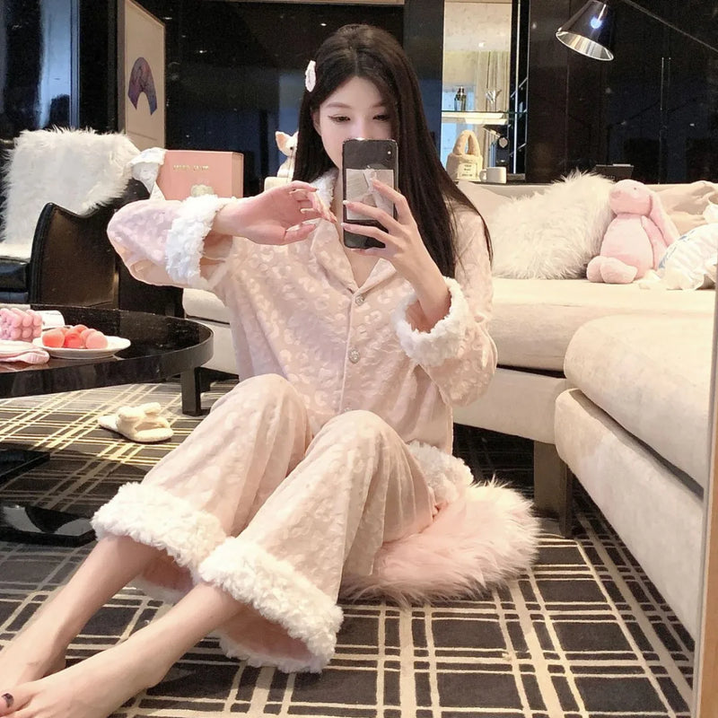 Island Fleece Velvet Women's Pajamas New Lapel Long Sleeve Top Pant Suit Casual Thicken Warm Winter Sleepwear Pijama Home Set