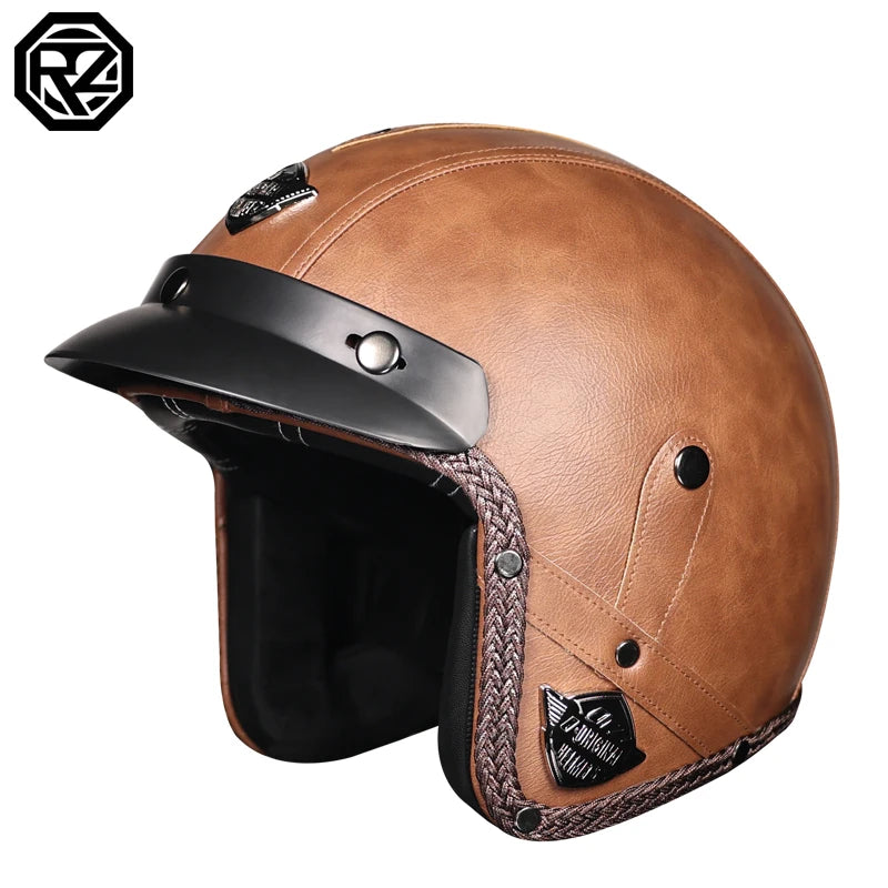 Motorcycle retro helmet PU leather 3/4 scooter half helmet couple helmet DOT approved M-XXL