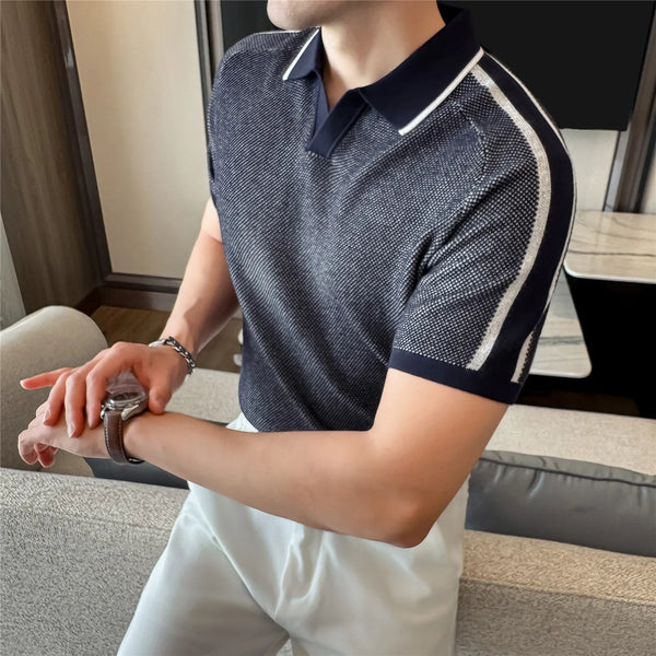 Men's Wing Collar Polo Shirt, Breathable Ice Silk Fabric with Contrast Trim, Casual Short Sleeve Knit Top, Navy Blue