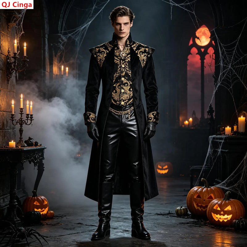 Steampunk-style Men's Black Long Jacket, Halloween-themed Red Trench Coat, with Gold Embroidery Accents.