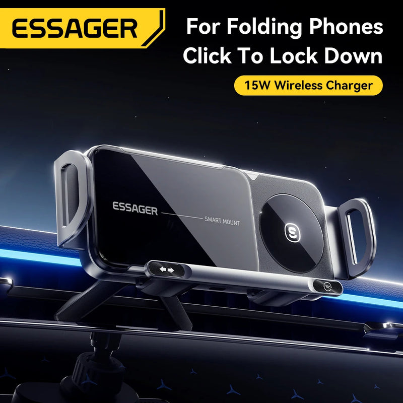 ឆ្នាំងសាកឥតខ្សែ Essager Fold Screen Car Wireless Charger 15W សម្រាប់ Samsung Galaxy Z Fold 6 5 Note 20 10 9 8 Dual Coil Rotatable Car Holder
