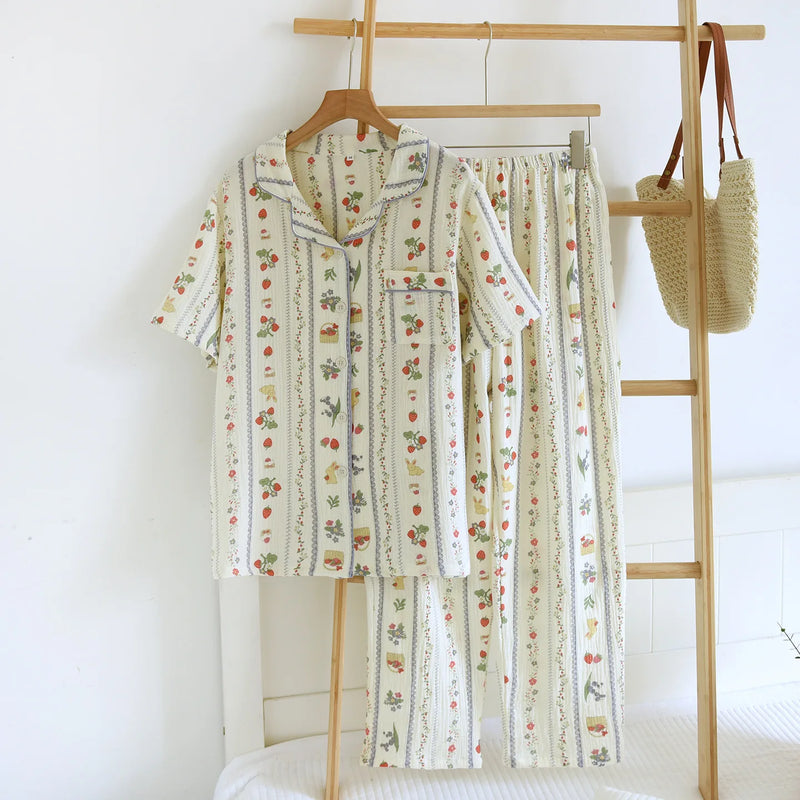 2 Piece Set Summer Pajamas for Woman Nightwear 100% Cotton Short Sleeve Sleepwear Women's Cotton Night Wear For Ladies Home Suit