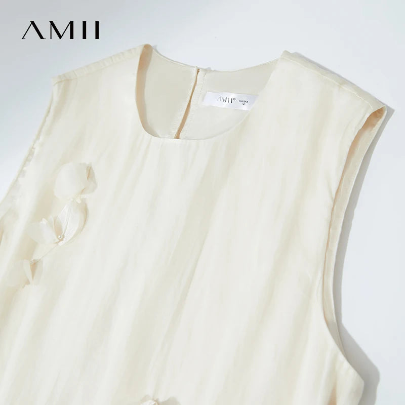 រ៉ូបនារី Amii ពណ៌សាមញ្ញ ធ្វើពីសូត្រ Mulberry លាយកប្បាស ដៃខ្លី មានលំនាំផ្កាបីវិមាត្រ 12542104