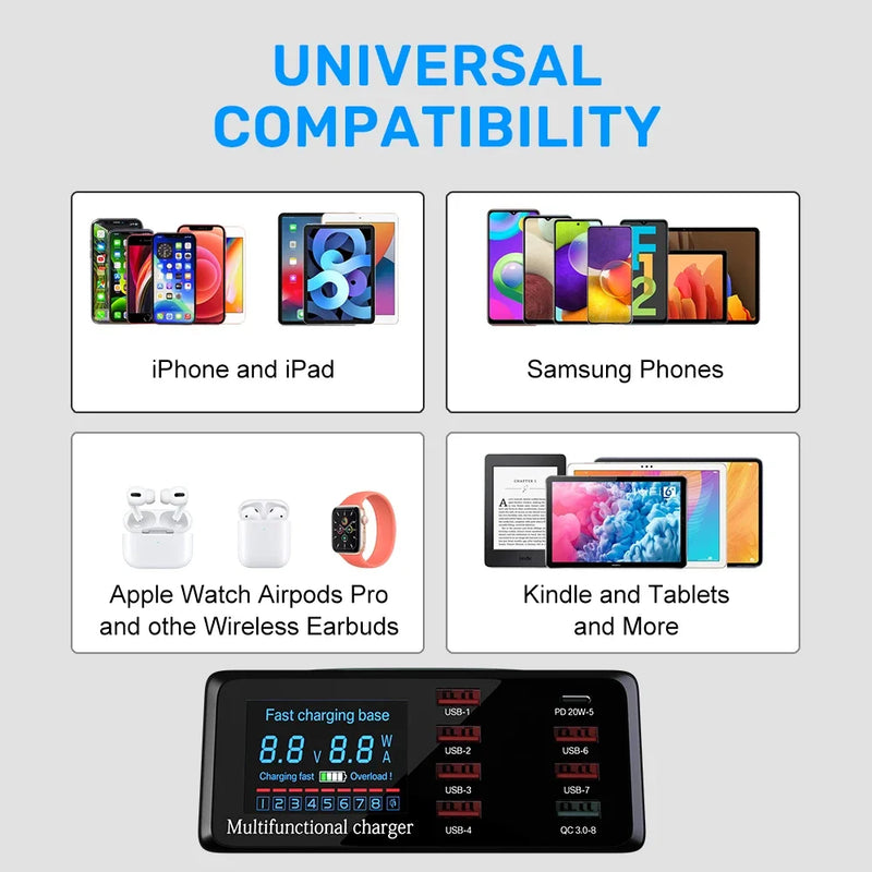 ឆ្នាំងសាកឥតខ្សែ 100W 8 រន្ធ USB Quick Charge 3.0 Adapter HUB ស្ថានីយ៍សាកថ្មឥតខ្សែ PD Fast Charger សម្រាប់ iPhone 11 13 Samsung