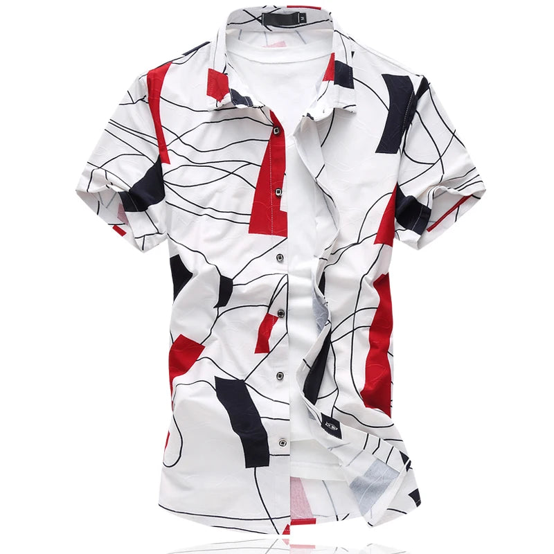 2026 Summer White Men's Stretch Short-sleeved Shirt, Navy Blue Single-breasted Collar Shirts, Beach Vacation Top, Asian Size