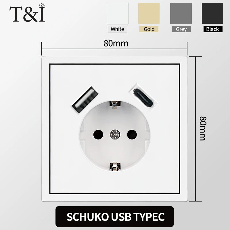 European Wall Socket EU Outlet, USB Type-C Charging Ports, 1/2 Gang Light Switch, 16A 250V, Flush Mount, White Panel, 80×80mm