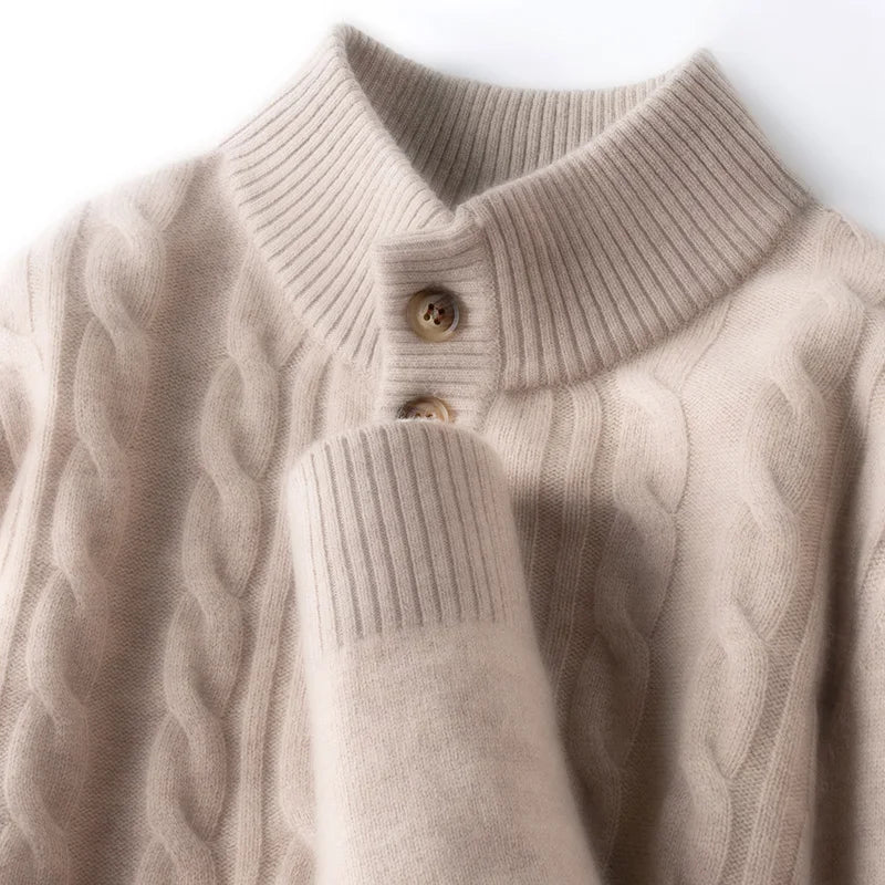 470g Premium Cashmere Blend Sweater Men's, 95.5% Sheep's Wool, 4.5% Cashmere Thickened, High-Neck Button Design, 3 Colors