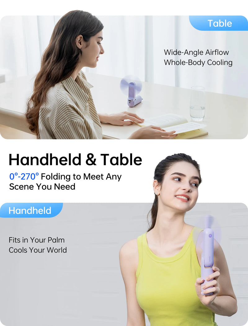 JISULIFE Handheld Fan, 4500mAh Battery 37hrs Runtime, 3 Speeds, Pocket Portable Folding Personal Fan with Power Bank Flashlight