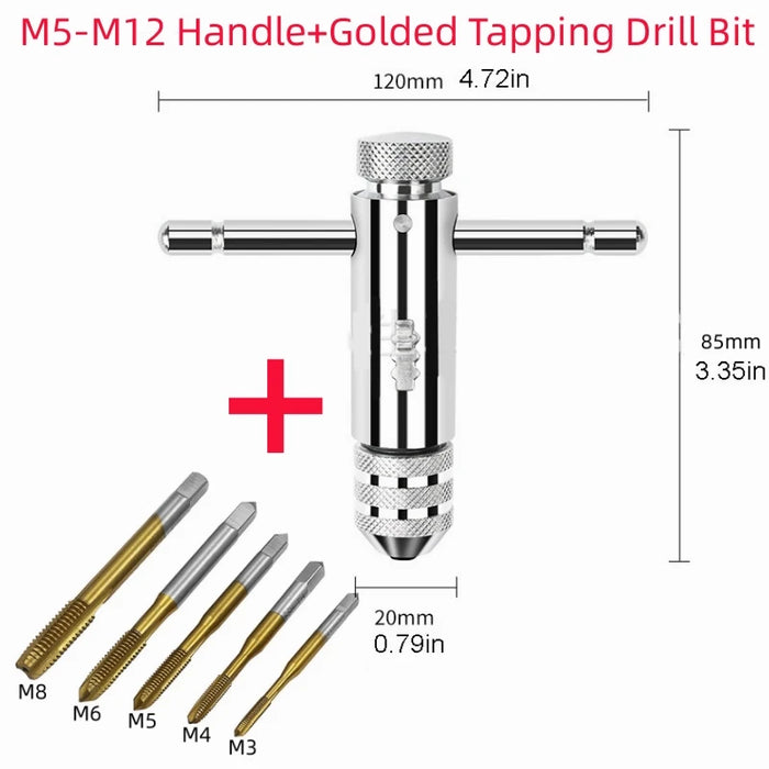 Adjustable T-Handle Ratchet Tap Holder Wrench, Machine Screw Thread Metric , Bothway Hand Screw Tap Set Manual Tapping Tool Kit M5-M12 Gold Set