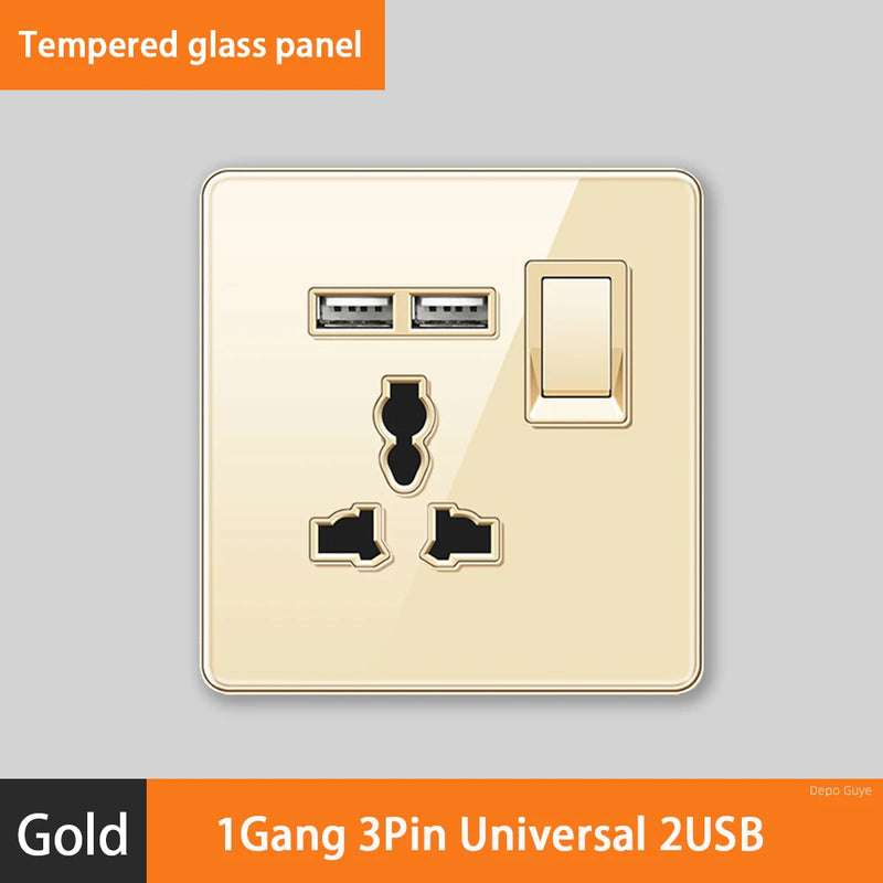 Luxury All Tempered Glass Wall Lamp Switch Button Golden UK Plug 13A Universal Wall Socket with Usb ,220V2gang2way Dimmer Switch