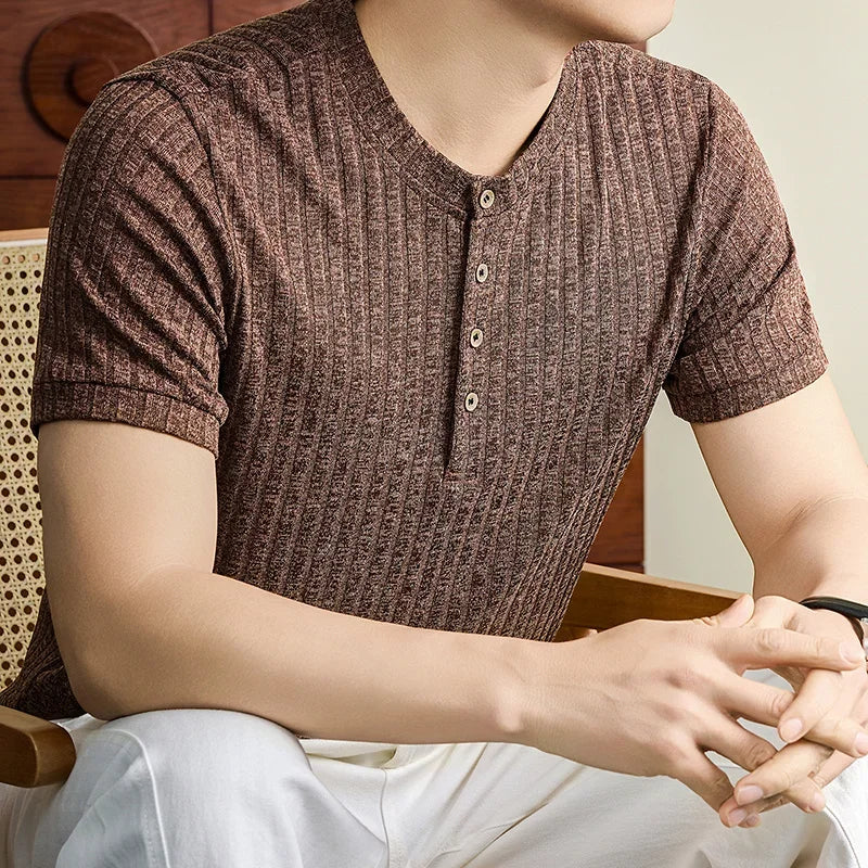 Daily Street Style Mens Speckle Textured Henley T Shirt Soft Knit Material Pub Visit Casual Dating And Short Trip Garment
