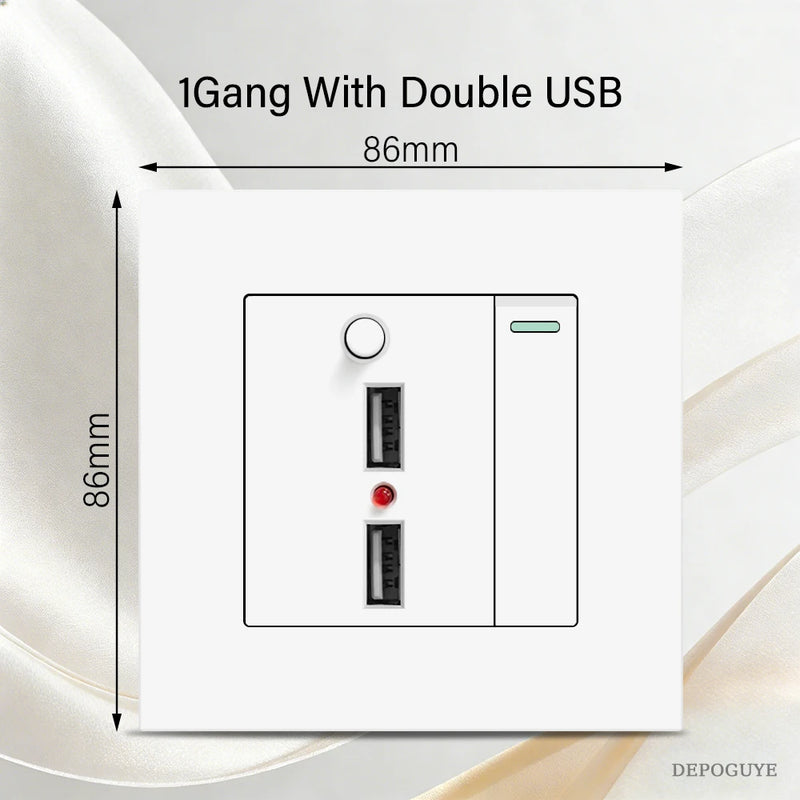 1 gang 2 way with 2 ports USB charging socket, with LED light, AC110-250V, light switch with international universal USB socket
