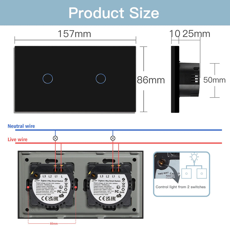BSEED Smart Zigbee Touch Light Switch 1/2/3Gang Wall Touch Switch 2Way Wire Compatible with Smart Life Alexa Google Home