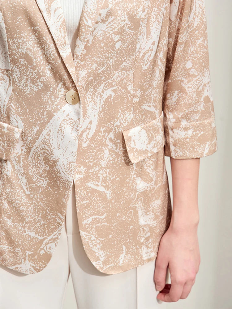 AmII Minimalism Silk Blazers 2026 Summer Notched Printed Basic Fashion Jacket Three Quarter Women Office Lady Blouse 12452146