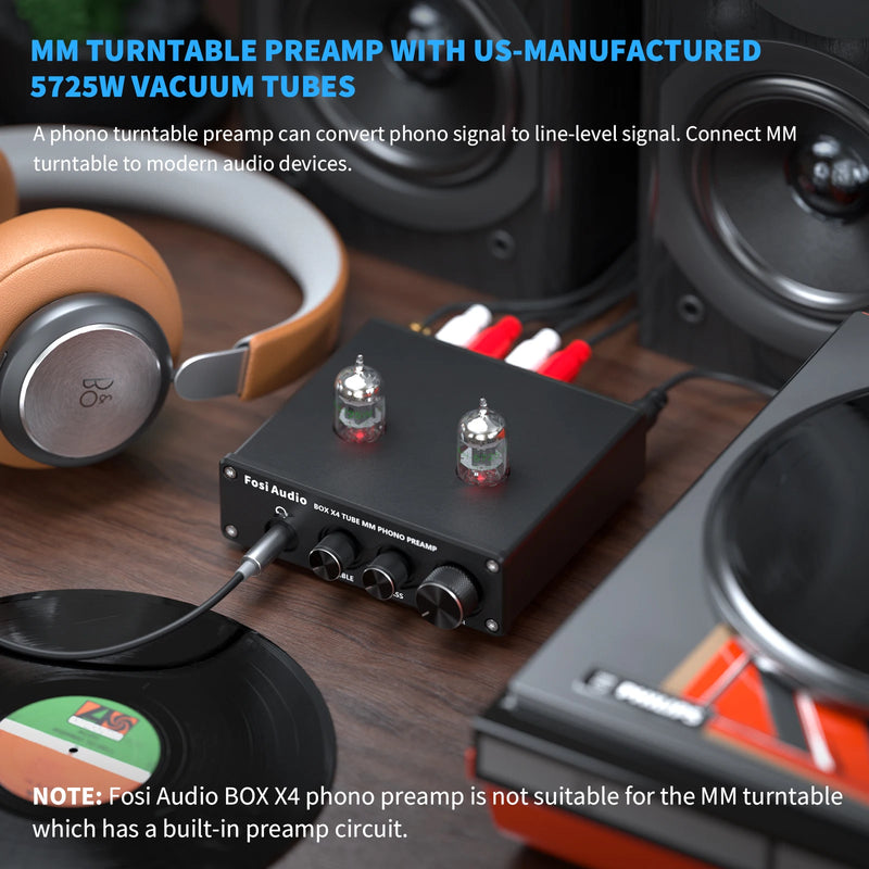 ឧបករណ៍បំពងសំឡេង Fosi Audio Phono សម្រាប់ឧបករណ៍បំពងសំឡេងប្រភេទ Turntable Phonograph Preamplifier ជាមួយ Vacuum Tube Amplifier HiFi BOX X4