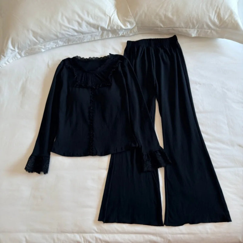 Autumn Sleepwear Woman Nightwear Chest Pads Two Piece Pajamas Set Lady Long-sleeved Trousers Home Clothes Pijama Soft Loungewear