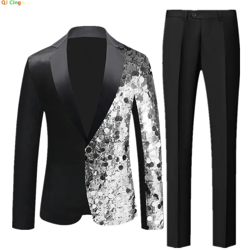 2‌026 Men's Red Sequin Tuxedo Jacket & Red Trousers Set - Stage Performance/Wedding/Party Formal Wear‌