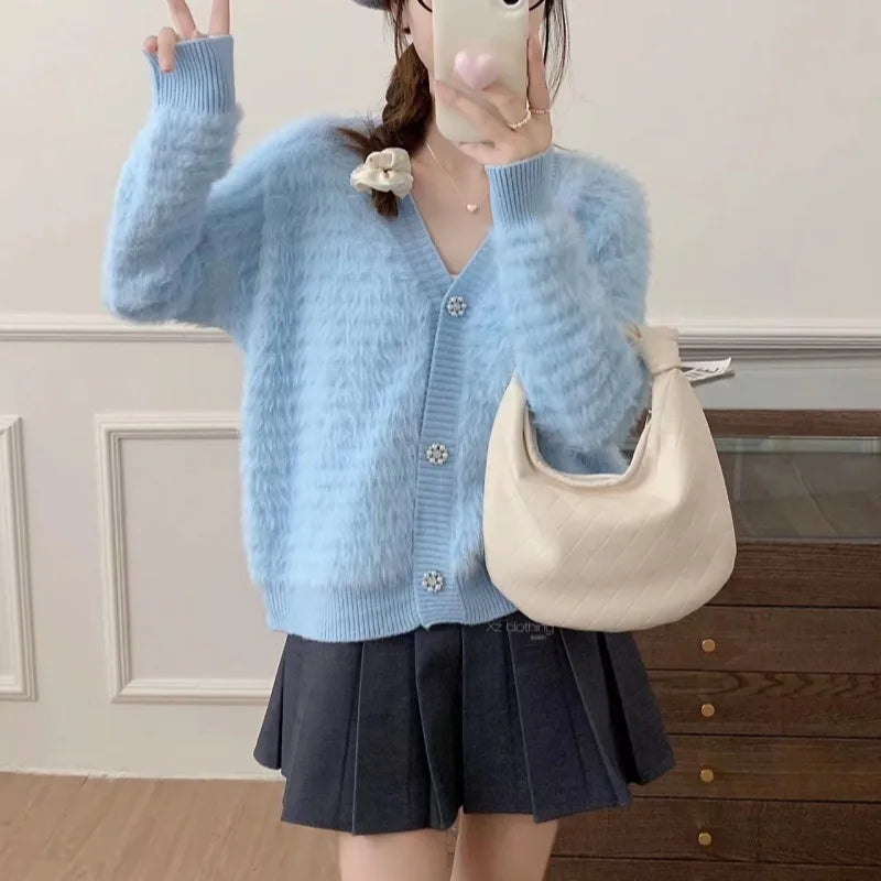 Mink Fleece Knitted Sweater Women's Clothing 2026 Autumn Winter Soft V-neck Cardigan Sweater Jacket Fashion Long-sleeved Top