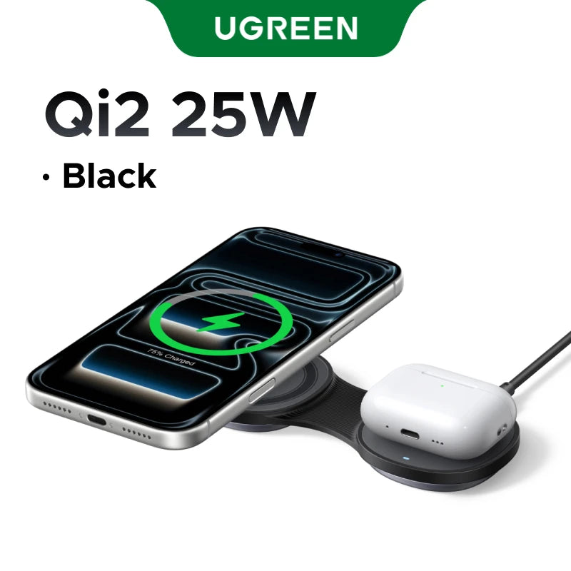 UGREEN Qi2.2 25W 2-in-1 Magnetic Wireless Charger Foldable Travel Design Charging Stand for iPhone 17 / 16 Series AirPods