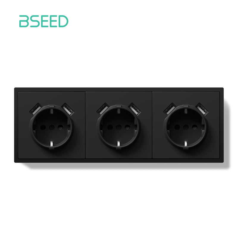 BSEED EU Standard Single Wall Socket Double USB Charge Port Wall Power Outlets Electric Plugs White Black Plastic Frame 16A