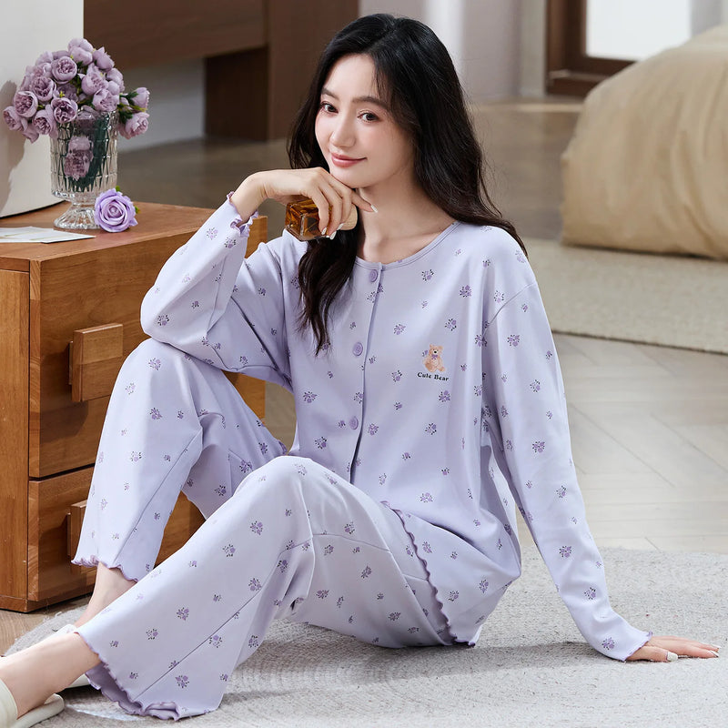 Pijama Mujer Invierno Big Size Pyjamas Femme New Modal Long Sleeve Tops Trousers Suit Spring Autumn Women Pajama Home Wear Set