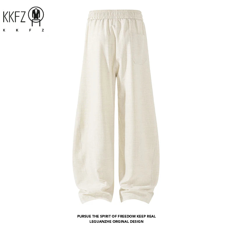 Male Oversized Loose Harem Trousers Elastic Drawstring Waist Linen Blend Fabric Baggy Cut For Youth Street Fashion Style