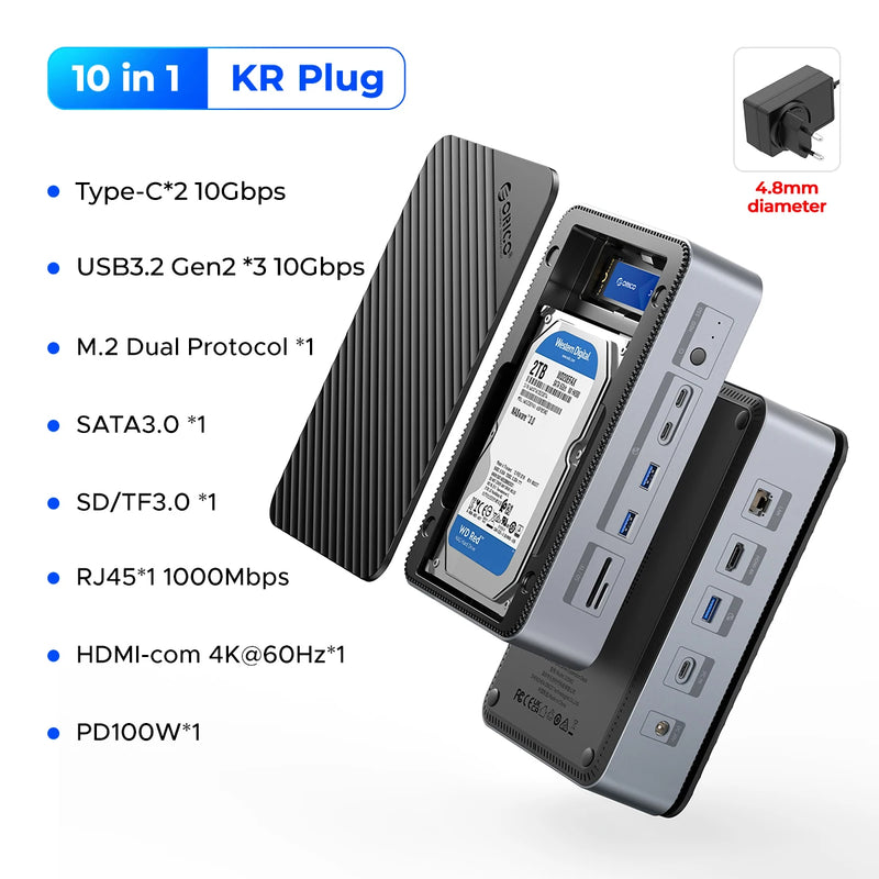 ORICO Docking Station Deck with Dual M.2 NVME SSD Case 3.5 Hard Drive Enclosure Steam Dock 10 in 1 HDMI 4K60Hz PD100W Ethernet