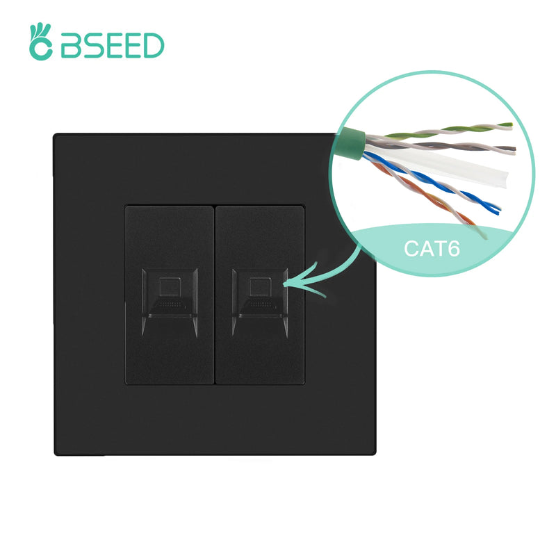 BSEED EU Standard Double Internet Socket RJ45 Network Data Socket CAT6 Wall Computer Outlet Plastic Frame White Black Color