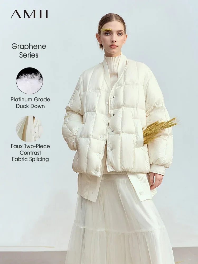 AMII 2026 Winter New Women's Shoulder Sleeves Thickened Collision Material Splicing Wool Fake Two-piece Down Jacket 12444054