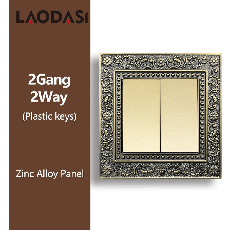 Deopoguye Vintage EU FR UK Light Switch Socket,Europe Standard Metal Zinc Alloy Push 1/2/3Gang Switch Panel for Home Improvement